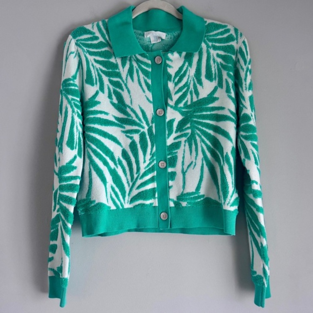 Cynthia Rowley Green Leaf Pattern Terry Cloth Button Front Cardigan Sweater Med